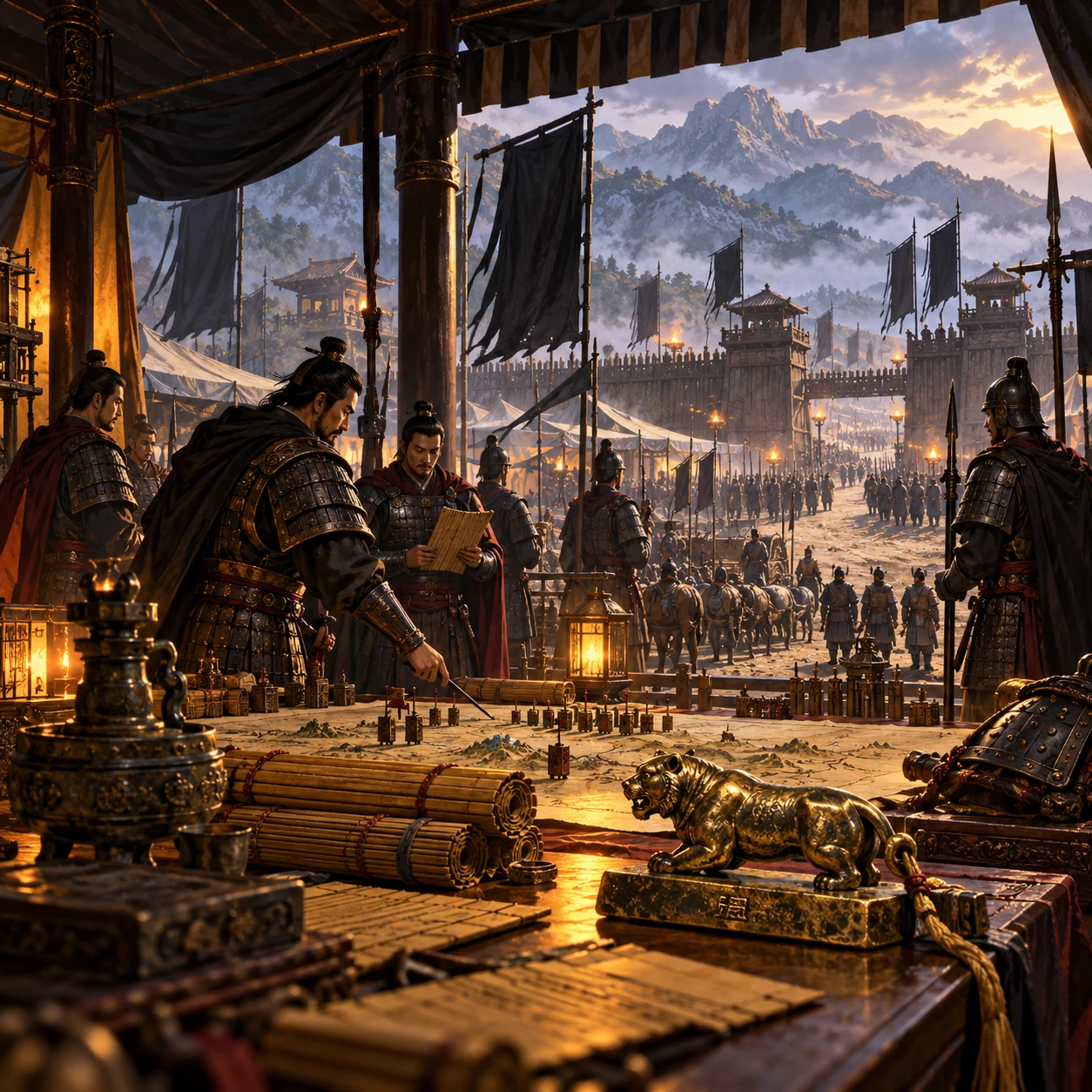 Qin camp with black banners beneath mountain walls