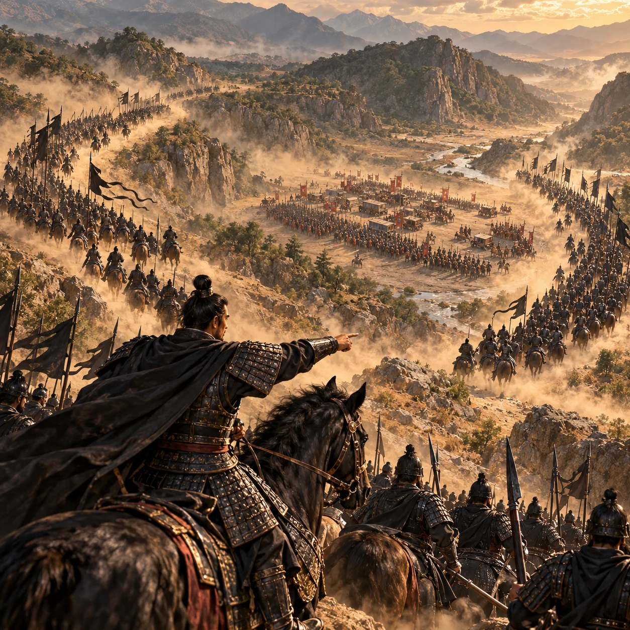 Illustrated armies surrounding a valley at dawn