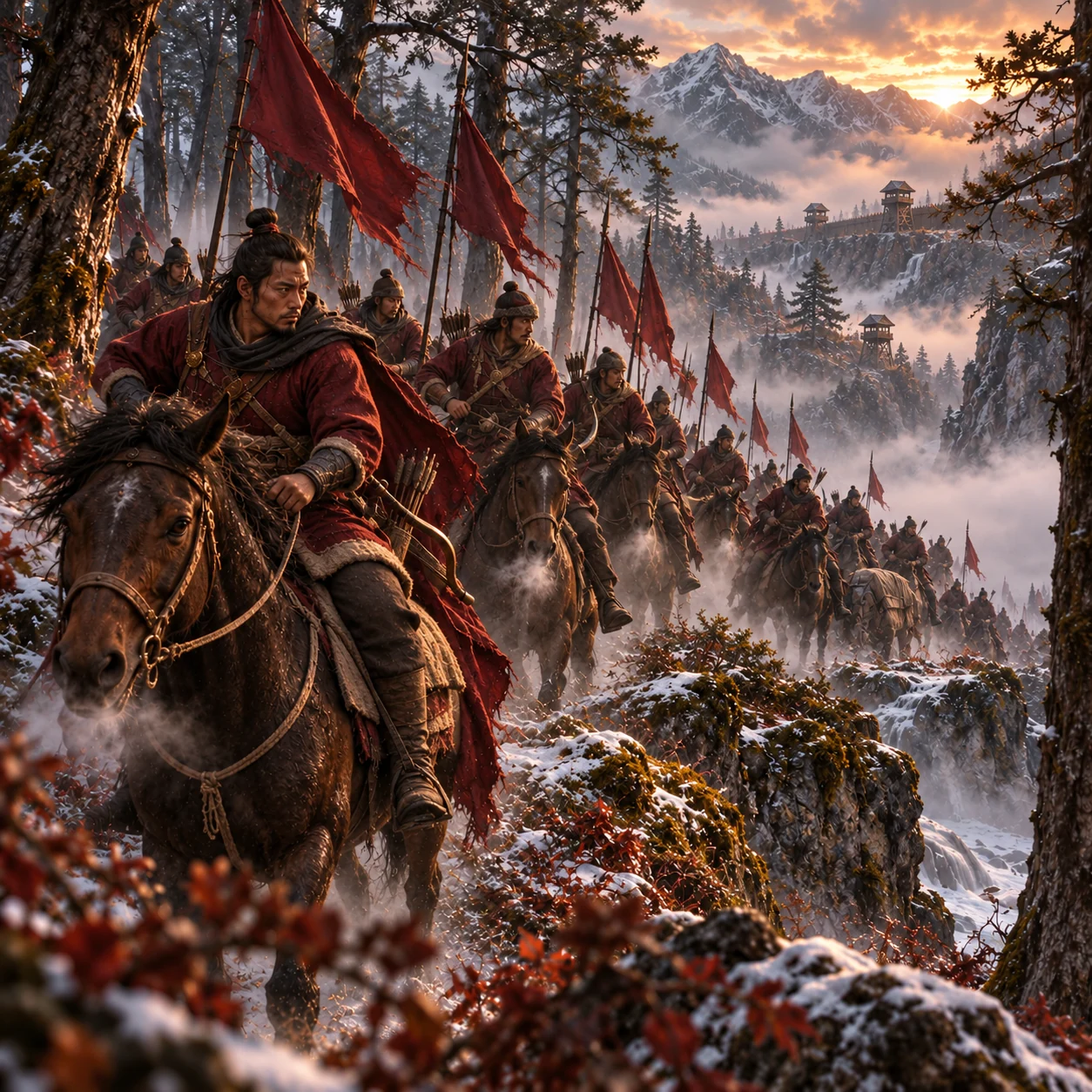 Illustrated soldiers moving through a mountain landscape